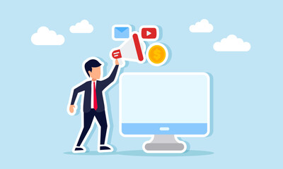 Businessman stands next to a monitor holding a megaphone, showing mail icon, play button, and dollar coin, illustration of socialization and education on digital broadcast monetization