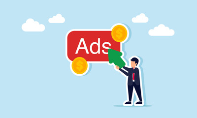 Businessman carries a cursor to click on the ADS button surrounded by dollar coins, illustration of ad monetization digitally and online