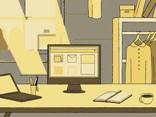 Illustration of desktop PC and office.