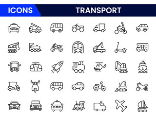 Transport icon set. Containing car, bike, plane, train, bicycle, motorbike, bus and scooter icons. line icon collection.