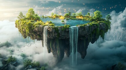 Floating Island Waterfall Fantasy