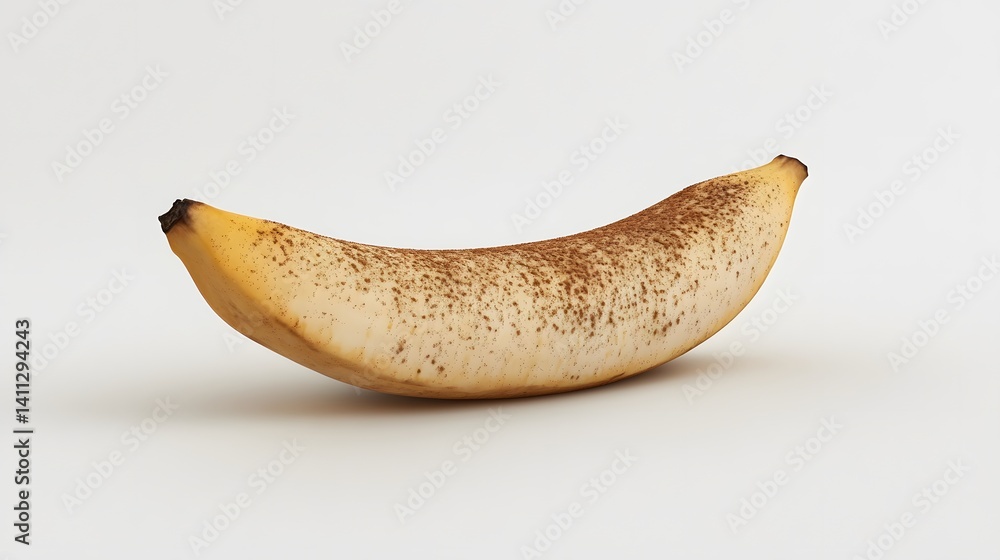 Poster a single ripe banana dusted with cinnamon sits on a white background. the banana is slightly curved 