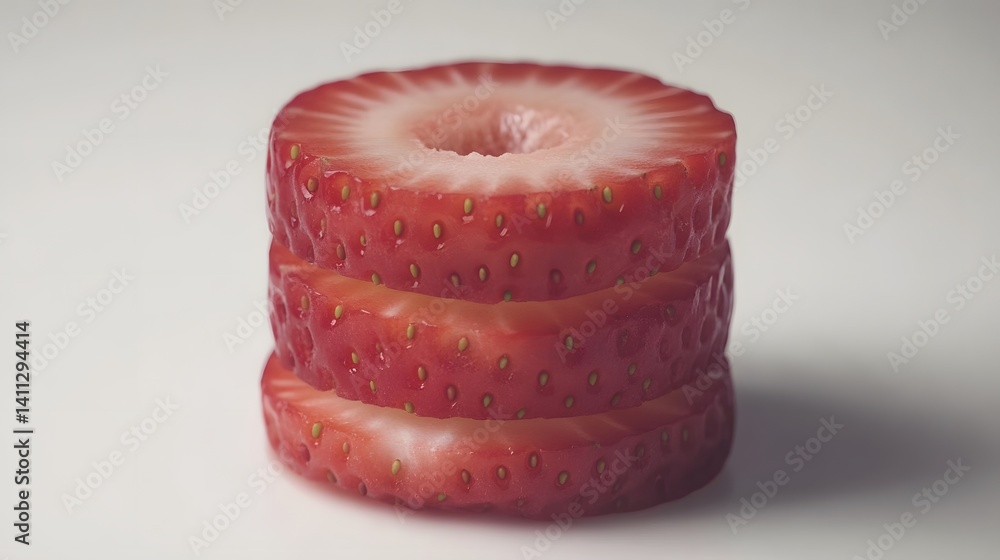 Poster a stack of three perfectly sliced strawberries, showcasing their vibrant red color and tiny seeds. c