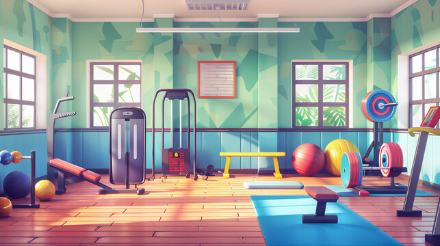 Interior of physical education room full of fitness and sport equipment for indoor training an empty indoor school playground for training and exercise activity with balls