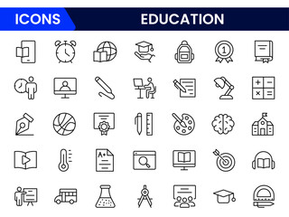 Outline icons of education, studying, and science. Includes the human brain, fields of study, graduation, school, university, and knowledge. Designed for web, mobile, and promo materials. Vector illus