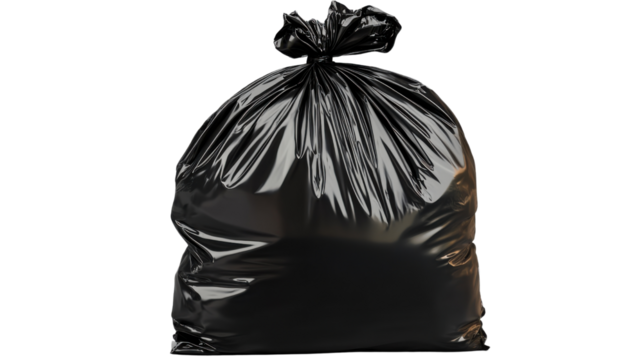 Black Garbage Bag: A full, tightly-knotted black garbage bag sits, symbolizing waste management, environmental responsibility, and the disposal of unwanted items in a single object.