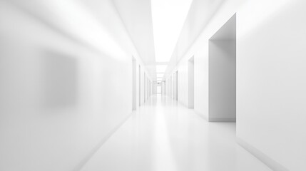 Fototapeta premium A blurred hospital corridor with white walls, bright diffused lighting, and a spotless floor, evoking a clean, sterile medical environment.