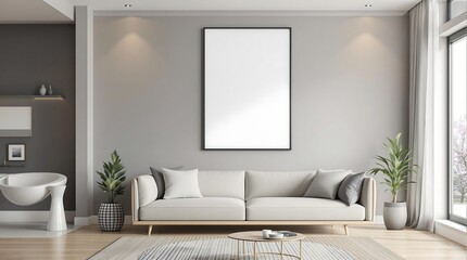 Fototapeta premium Modern Living Room Interior With Stylish Decor and Blank Frame