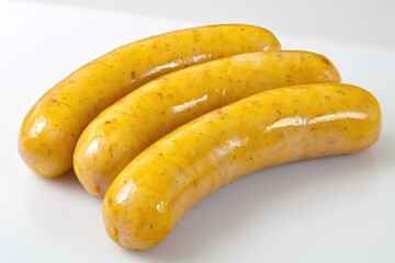 Close up of Freshly Cooked Bratwurst with a Shiny Glaze on White Background in Studio Lighting