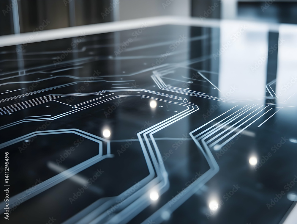 Poster abstract close-up of a sleek, dark surface with illuminated circuit lines, suggesting technological 