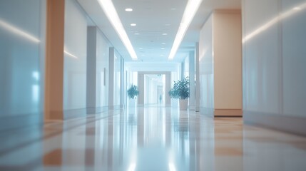 Fototapeta premium A blurred hospital corridor with modern white walls, polished floors, and soft lighting from overhead fixtures, creating a calm, minimal look.