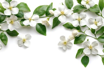 Obraz premium White jasmine flowers and green leaves isolated on white background, fresh spring botanical composition