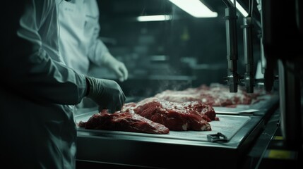 Food production worker monitoring meat processing on an industrial line. Featuring safety and quality control