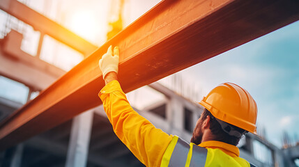 A construction worker guiding a crane operator to place a steel beam. Featuring teamwork and communication