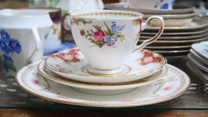 A beautifully patterned ceramic coffee cup in vintage antique style