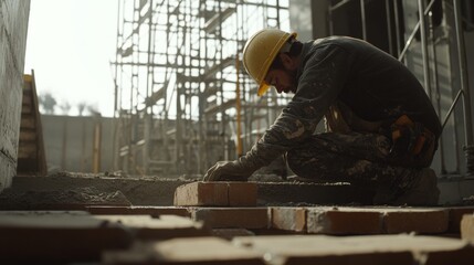 A mason laying bricks on a construction site. Featuring craftsmanship and skill
