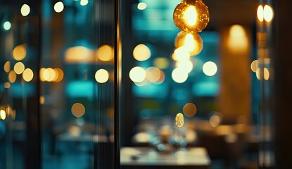 Blurred view of a cozy restaurant at night, with warm lighting and bokeh effects