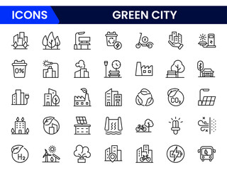 Green city, renewable energy, zero waste, eco, fresh air, pure water, electric vehicles, recycling, environment, bike, landscape, Vector illustration.