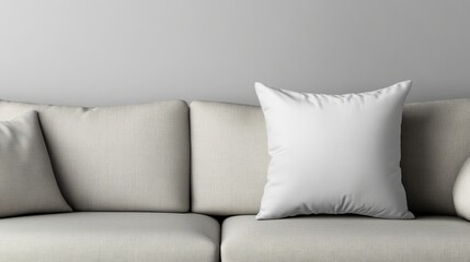 Create me a mock up A of MORDERN LIVING SPACE a pillow that is white that is laying on the couch with no distractions, focusing solely on the pillow. 