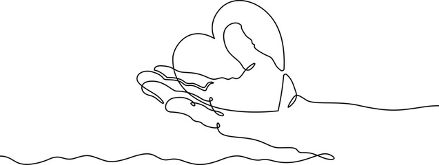 Continuous one line drawing heart on the hand. Heart on the palm.