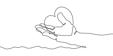 Continuous one line drawing heart on the hand. Heart on the palm.