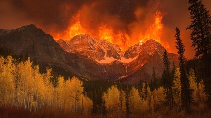 Obraz premium Fiery mountain peaks ablaze at night, autumn colors surround