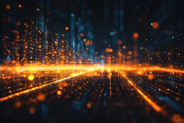 Abstract digital city landscape.  A vibrant, data-driven cityscape of glowing particles, lines, and points, merging technology and urban design.  Dynamic energy flows across the digital space