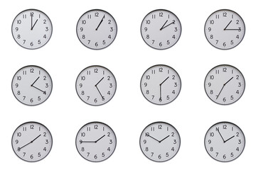 A set of 12 wall clocks, each showing a different time at 5-minute intervals from 01:00 to 01:55 or...
