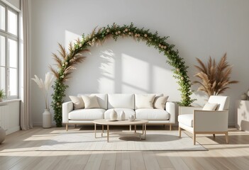 Living room interior mock-up, modern and minimalist design. White sofa and armchair, stylish modern furniture layout, decorative green arch with trendy dried flowers. 3d render. 