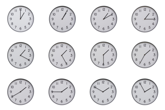 A set of 12 wall clocks, each showing a different time at 5-minute intervals from 01:00 to 01:55 or 13:00 to 13:55. Clean white background, ideal for time-related concepts or educational use.