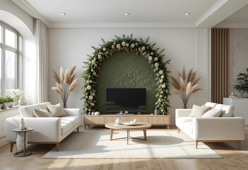 Living room interior mock-up. Neutral color palette, soft natural lighting, cozy atmosphere. 3D render, photorealistic, high detail, clean aesthetic, Scandinavian and contemporary influences.