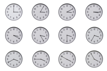 A set of 12 wall clocks, each showing a different time at 5-minute intervals from 03:00 to 03:55 or 15:00 to 15:55. Clean white background, ideal for time-related concepts or educational use.