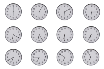 A set of 12 wall clocks, each showing a different time at 5-minute intervals from 06:00 to 06:55 or 18:00 to 18:55. Clean white background, ideal for time-related concepts or educational use.