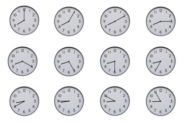 A set of 12 wall clocks, each showing a different time at 5-minute intervals from 08:00 to 08:55 or...
