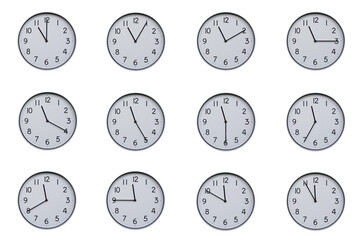 A set of 12 wall clocks, each showing a different time at 5-minute intervals from 11:00 to 11:55 or 23:00 to 23:55. Clean white background, ideal for time-related concepts or educational use.