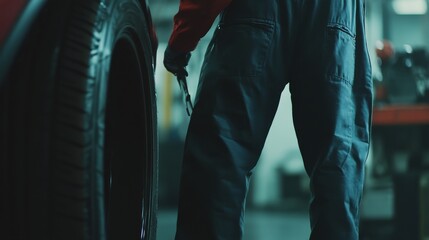 A mechanic inspecting a car tire in a workshop. Featuring detail and precision