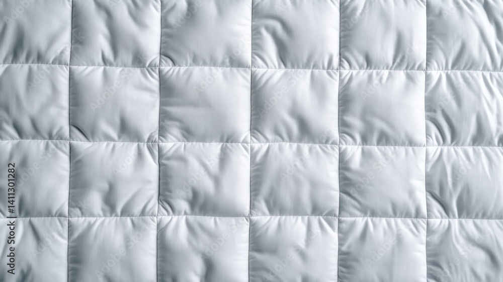 Poster close-up view of soft light gray quilted fabric with a grid pattern of square compartments, showcasi