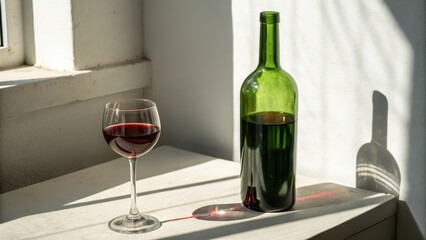 A wine glass and bottle casting shadows on a sunlit surface.