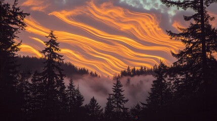 Fototapeta premium Fiery sunset streaks over misty mountain forest