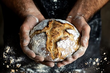 Male hands knead the dough with flour on a wooden table.