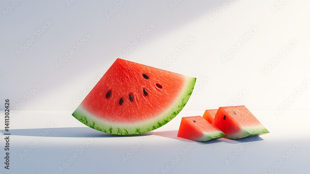 Poster a large slice of watermelon rests on a white surface, accompanied by two smaller wedges. sunlight ca