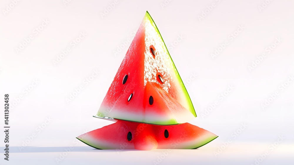 Poster three triangular slices of watermelon stacked to form a small pyramid, isolated on a white backgroun
