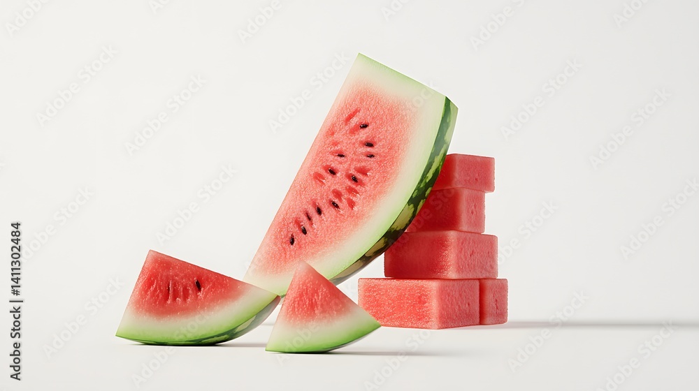 Poster a large watermelon slice leans against a stack of smaller, cubed watermelon pieces. two additional s