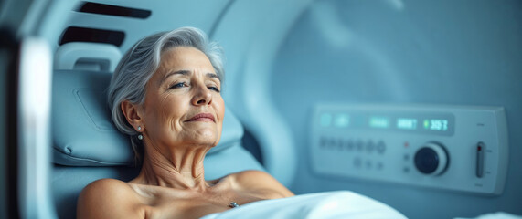 Senior woman relaxing during hyperbaric oxygen therapy session