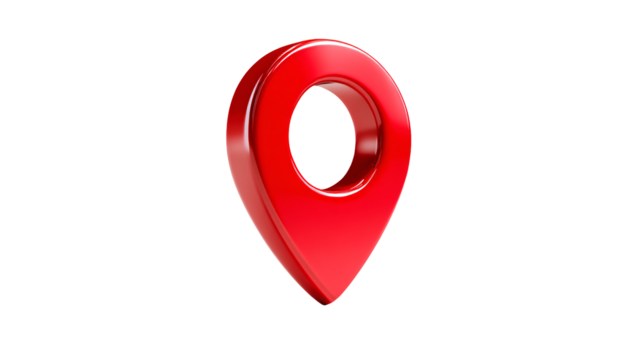 A shiny red location pin on a plain black background view