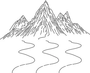 Mountain Range Line Art: Majestic Peaks, Winding River, Minimalist Landscape Drawing, Black and White Illustration, Nature Scene