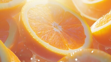 Close-up of juicy orange slices, glistening with water droplets. Sunlight illuminates the vibrant citrus fruit, creating a refreshing and summery feel.