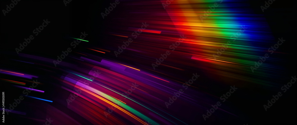 Poster colorful light trails converging into vibrant spectrum on dark background