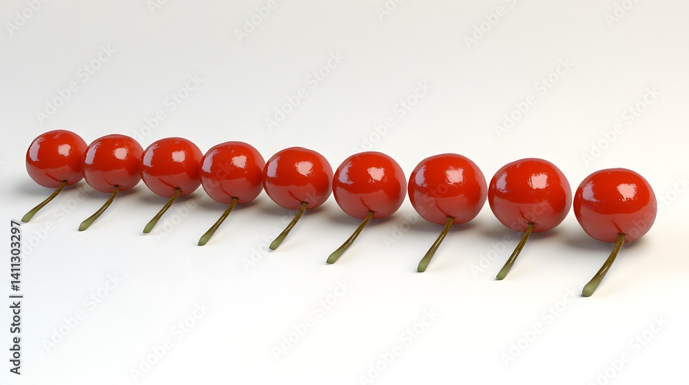 Poster eight glossy red cherries arranged in a row on a white background. each cherry has a small stem. a s