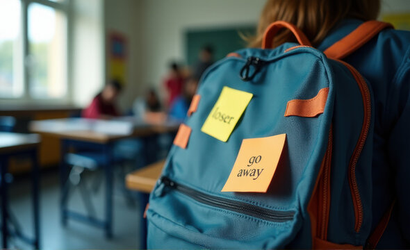 close up of child's backpack with messages of hate and bullying